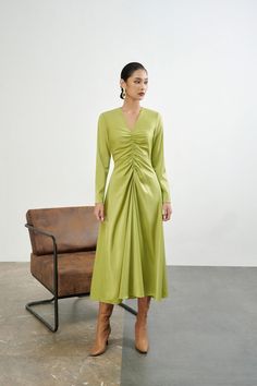 Isadora V-Neck Dress MEAN BLVD Fashion Silhouette, Mean Blvd, Hijabi Outfits, Avocado Green, Silk Material, Midi Dresses, Minimal Fashion, V Neck Dress, Designer Collection