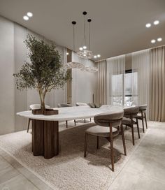 a dining room table with chairs and a potted tree in the center is shown