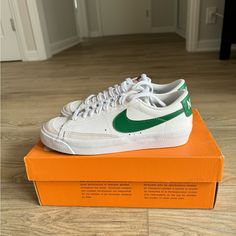 Nike Blazer Low ' 77 White And Green Womens Sneakers. Listed As 4.5y Which Fits A Women's 6. Brand New, With Original Box. Nike Custom Sneakers With Gum Sole For Spring, White Canvas Shoes With Rubber Sole For Everyday, White Canvas Shoes With Gum Sole For Everyday, White Everyday Canvas Shoes With Gum Sole, Everyday White Canvas Shoes With Gum Sole, Nike Casual Custom Sneakers With Vulcanized Sole, Everyday Low-top Sneakers With Rubber Waffle Outsoles, Low-top Sneakers With Rubber Waffle Outsoles, Nike Skate Shoes With Gum Sole For Spring