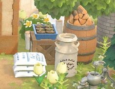 there are many items that can be found in the garden, including flowers and pots