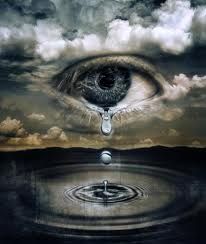 an eye is floating in the water with clouds above it and another eye appears to be hovering