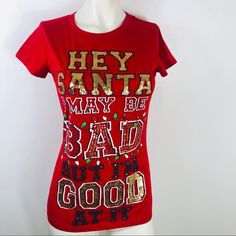 This Christmas Lettering T-Shirt Is Perfect For The Holidays. Pit To Pit: 17” Length: 24” Condition: Nwt 1/059 Red Festive T-shirt With Letter Print, Red Graphic Print T-shirt For New Year, Red Letter Print Top For New Year, Red Short Sleeve Christmas Tops, Red Crew Neck Holiday Top, Red Crew Neck Top For Holiday, Red Festive Holiday Top, Red Holiday Tops For Festive Occasion, Red Short Sleeve Tops For Christmas