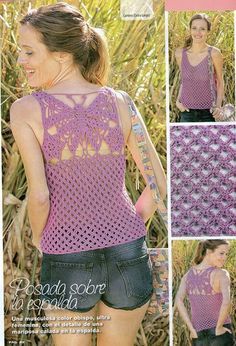 the back of a woman's tank top with crocheted details in purple