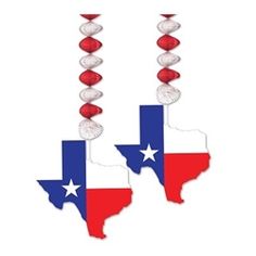 two red, white and blue flags hanging from strings with balls in the shape of texas