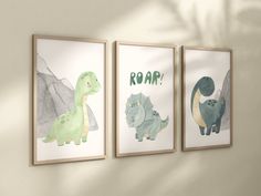 three dinosaur prints hanging on the wall next to each other