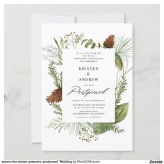 a wedding card with pine cones and greenery