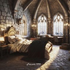 a bedroom with stone walls and arched windows is shown in this artistic photo, while the sunlight shines through the window onto the bed