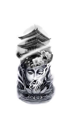 a black and white photo of a person with a hat on their head, in front of a pagoda