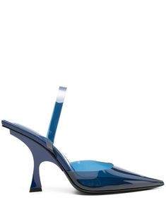 electric blue translucent design pointed tip square open toe slingback strap branded leather footbed 95mm high heel leather outsole