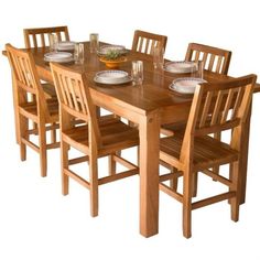 a wooden dining table with six chairs and plates on the top, set against a white background