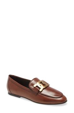 This beautifully shaped Italian leather loafer is polished to a sophisticated shine and adorned with a brassy fixed-chain buckle. Leather upper, lining and sole Made in Italy Women's Designer Shoes Classic Gold Loafers For Formal Occasions, Gold Calf Leather Formal Loafers, Gold Calf Leather Loafers For Formal Occasions, Formal Gold Calf Leather Loafers, Buckle Loafers, Loafer Women, Footwear Design Women, Leather Loafers, Italian Leather