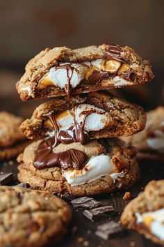 several cookies with marshmallows and chocolate on top are stacked up in front of each other