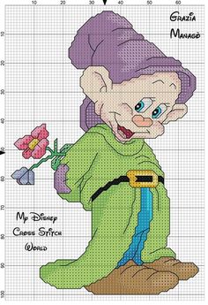 a cross stitch pattern with an image of a cartoon character holding a flower in it's hand