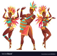 three african dancers in colorful costumes and headdress, dancing with their hands up