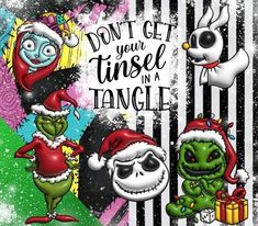 some cartoon characters wearing christmas hats and holding presents in front of a black and white striped background