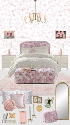 a pink and white bedroom with chandelier, bed, dresser, mirror, lamps, rugs and other items