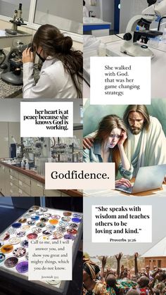 a collage of images with words and pictures about god's work in the bible