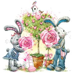 two rabbits are standing next to a potted plant with pink roses in it and one bunny is holding the other's hand