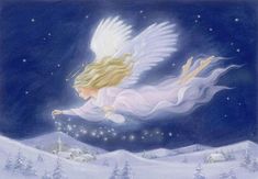 an angel flying in the sky over a snowy landscape