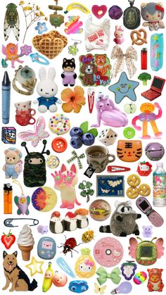 many different types of toys are arranged in the shape of a collage on a white background