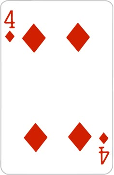 the four of diamonds card is shown in red and white, with numbers on each side