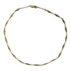 This is part of Chairish’s Fine Jewelry assortment.  A beautiful, elegant, detailed, strong, and well-made choker necklace in 14-karat yellow gold, circa mid to late-20th century. Necklace has beautiful, detailed chain links and detailed bar clasp. A chic vintage piece to wear alone or stack with other necklaces, dress up or down. Very good condition as shown in images. No issues. Marked '14k' on clasp. A true choker necklace measuring: 13.88" long.  Emerald stud earrings (in ear) are also avail Classic 14k Gold Bracelet With Intricate Design, Classic Yellow Gold Filigree Bracelet, Classic Gold Bracelet With Intricate Design, Formal Yellow Gold Bracelet With Filigree, Formal Yellow Gold Filigree Bracelet, Heirloom Yellow Gold Chain Necklace, Classic Filigree Necklaces For Formal Occasions, Classic Gold Filigree Bracelet, Ornate Formal Jewelry With Chain