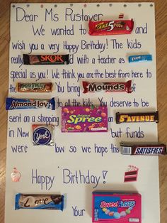 a birthday card with candy bars on it