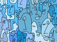 an abstract blue and white background with many different faces in the same pattern, including numbers