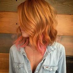 Strawberry Blond And Pink Hair, Natural Red Hair With Pink Highlights, Natural Red Hair With Pink, Copper And Pink Hair, Hair Color Pastel, Short Wavy Hair, Hair Color And Cut, Pastel Hair