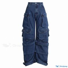 Orcajump - Versatile High-Rise Wide Leg Cargo Jeans with Multiple Convenient Pockets Wardrobe Reset, Blue Cargo Jeans, Wide Leg Cargo Jeans, Cargo Jeans, Whats New, Study Motivation, Wide Leg, High Rise, Navy Blue