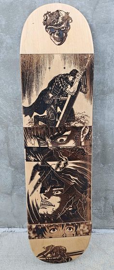 a wooden skateboard with an image of a man riding a horse on it's side