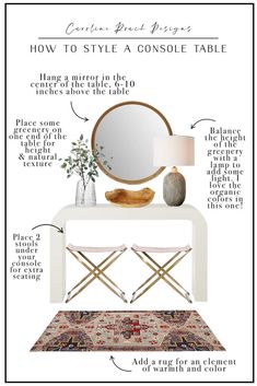 a white table with a mirror, lamp and other items on it that include an area rug