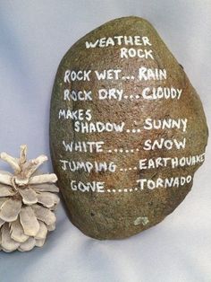 a rock with words written on it next to a pine cone and white snow flakes