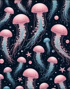 jellyfish and starfish in the ocean with blue, pink and white colors on black background