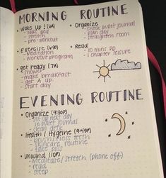 an open notebook with writing on it and the words morning routine written in different languages