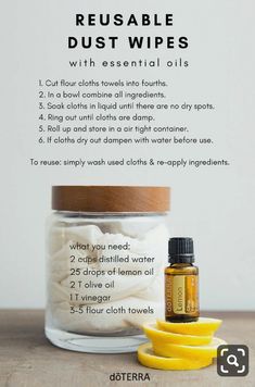 an advertisement for reusable dust wipes with essential oils and lemon wedges