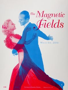 a poster with an image of a man and woman dancing in red, white, and blue