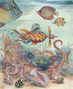 an underwater scene with fish, seaweed and other marine life in pastel pencils