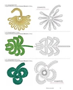 four different types of crochet designs in green, gold and silver colors on white paper