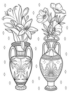 two vases with flowers in them on a white background coloring pages for adults and kids