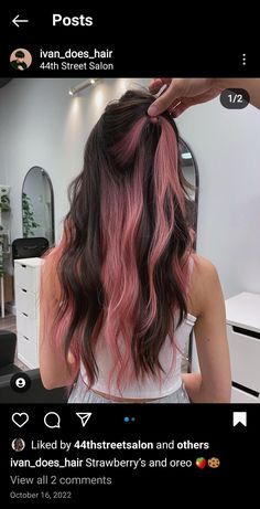 Peekaboo Fashion Color Hair, Light Pink Peekaboo Hair Dark Brown, Pisces Hair Color, Brown Hair Pink Peekaboo, Brunette Hair With Pink Peekaboo, Dark Brown Hair With Pink Highlights Underneath, Pic A Boo Hair Color, Subtle Peekaboo Hair Color Brunettes, Dark Pink Peekaboo Hair