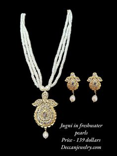 Gold plated jugni pendant set  color of stone - clear stone  type of stone - cz Polki pearls / beads - fresh water  pearls plating - gold plated length in inches - 11.5 inches ( pearl strand  plus pendant )  Pendant measuremt - 2.2 inches height EARRINGS  post - straight post  length -1.5 inches Hyderabadi Pearl Jewellery, Silver Pearl Necklace With Meenakari, Diwali Pearl Pendant Necklace, Traditional Festive Jewelry Set With Pearl Pendant, Festive Traditional Jewelry Set With Pearl Pendant, Festive Silver Kundan Necklace With Pearl Pendant, Kundan Pearl Pendant Necklace In Temple Style, Silver Kundan Necklace With Pearl Pendant For Festive Occasions, Traditional White Jewelry Set With Pearl Pendant