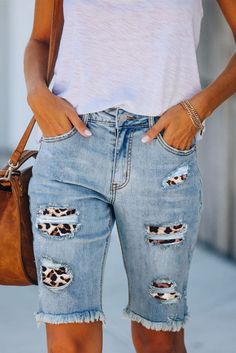 Leopard Patch Bermuda Jean Shorts Material: 71% Cotton+27.5% Polyester+1.5% Spandex Sizing: S (4/6), M (8/10), L (12/14), XL (16/18) Sugar Boutique - ships from Shawnee, KS Family run boutique - ❤ Shipping and return info - https://www.sugarboutiquekc.com/pages/shipping-returns Distressed Bermuda Shorts, Cutoff Jean Shorts, Slouchy Tee, Blank Apparel, Holiday Beach, Hot Shorts, Denim Patches, Shorts For Women, School Shopping