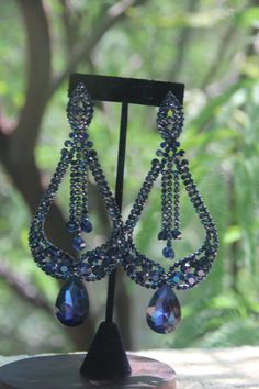 Navy Earrings Navy Blue Rhinestone Earrings Dark Blue | Etsy Blue Crystal Chandelier Earrings For Party, Blue Glamorous Crystal Earrings For Evening, Glamorous Blue Crystal Earrings For Evening, Glamorous Blue Chandelier Earrings For Party, Royal Blue Velvet Dress, Oversized Chandelier, Navy Bracelet, Royal Blue Earrings, Navy Earrings