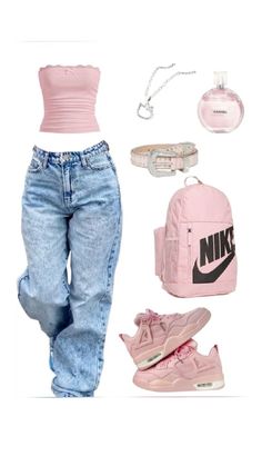 un haut rose avec un pontalon bleue et des chaussures rose un sac nike une ceinture un parfin zt des bijoux College Outfits Trendy, Baddie Outfit For School, How To Style Pink Top, Pink Outfit With Jeans, Trendy Y2k Outfits, Outfits For Baddies, Revealing Outfit Club, Pink Outfit Y2k, Y2k Baddie Outfits