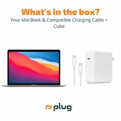 an advertisement for the new macbook and compatible charging cable, which is plugged in