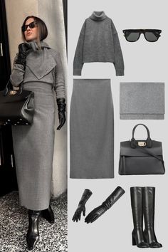 Outfit Inspo | Grey Turtleneck Sweater Grey Pencil Long Skirt | Styled with Grey Scarf Black Bag and Knee High Black Boots, Black Leather Hand Gloves| Women's Winter Fashion | Skirt Outfit Ideas | Outfit Inspiration | Winter Style | Heather Grey Outfit, Gray Bag Outfit, Grey Pencil Skirt Outfit, Grey Dress Outfit Casual, Long Grey Skirt Outfit, Grey Bag Outfit, Leather Hand Gloves, Grey Winter Outfit, Long Pencil Skirt Outfits