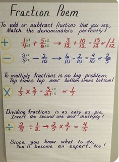 a piece of paper with writing on it that says fraction poem to add or subtract fractions that you see, match the den numbers perfectly