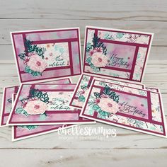 four cards with pink flowers on them and the words happy birthday written in cursive writing