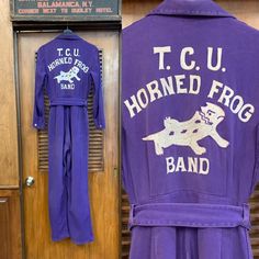 Vintage 1950's TCU School Band / Team Jumpsuit Vintage | Etsy Embroidered Frog, Vintage Uniform, Horned Frog, Jumpsuit Vintage, Band Uniforms, Tiki Drinks, Womens Jumpsuits, Mickey Mouse Sweatshirt, School Band